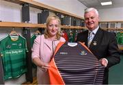 20 August 2015; In attendance at the launch of the EirGrid International Rules 2015 Series is Uachtarán Chumann Lúthchleas Gael Aogán Ó Fearghail, right, with Rosemary Steen, External Affairs Director with Eirgrid, and the referee's jersey. Launch of the EirGrid International Rules 2015 Series, Croke Park, Dublin. Picture credit: Matt Browne / SPORTSFILE