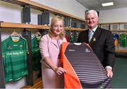 20 August 2015; In attendance at the launch of the EirGrid International Rules 2015 Series is Uachtarán Chumann Lúthchleas Gael Aogán Ó Fearghail, right, with Rosemary Steen, External Affairs Director with Eirgrid, and the referee's jersey. Launch of the EirGrid International Rules 2015 Series, Croke Park, Dublin. Picture credit: Matt Browne / SPORTSFILE