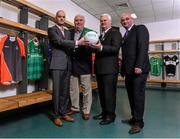 20 August 2015; In attendance at the launch of the EirGrid International Rules 2015 Series are, Uachtarán Chumann Lúthchleas Gael Aogán Ó Fearghail, second right, with from left, Noel Quinn, GAA Media Rights Manager, Joe Kernan, International Rules Team Manager, and Donal Moriarty, GAAGO Product Leader. Launch of the EirGrid International Rules 2015 Series, Croke Park, Dublin. Picture credit: Matt Browne / SPORTSFILE