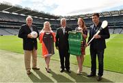 20 August 2015; In attendance at the launch of the EirGrid International Rules 2015 Series are Uachtarán Chumann Lúthchleas Gael Aogán Ó Fearghail, centre, with from left, Joe Kernan, International Rules Team Manager, Rosemary Steen, with the match referee's jersey, External Affairs Director with Eirgrid, Sinead Lambe, with the match jersey, Marketing Manager DMG Media and Jeffrey Lynskey, Shinty / International Hurling Team Manager. Launch of the EirGrid International Rules 2015 Series, Croke Park, Dublin. Picture credit: Matt Browne / SPORTSFILE