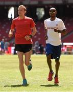 21 August 2015; Athletes Galen Rupp of the United States, left, and Mo Farah of Great Britain ahead of the IAAF World Track & Field Championships at the National Stadium, Beijing, China. Picture credit: Stephen McCarthy / SPORTSFILE