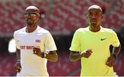 21 August 2015; Athletes Mo Farah of Great Britain, left, and Bashir Abdi of Belgium ahead of the IAAF World Track & Field Championships at the National Stadium, Beijing, China. Picture credit: Stephen McCarthy / SPORTSFILE