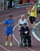 18 August 2015; Neil Cusack, Ray McBride and Frank Greally, who set a record for the 10,000M 45 years ago on this day, running around Morton Stadium for 30.17 - the record time set on the night. Frank Greally's Gratitude Run. Morton Stadium, Dublin Picture credit: Ray McManus / SPORTSFILE