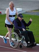 18 August 2015; Ray McBride and Frank Greally, who set a record for the 10,000M 45 years ago on this day, running around Morton Stadium. Frank Greally's Gratitude Run. Morton Stadium, Dublin Picture credit: Ray McManus / SPORTSFILE
