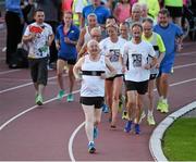 18 August 2015; Athletes including Des McGann, Catherina McKiernan, John Treacy, Bobby King, Neil Cusack, Sean Webb, Jim McNamara, Feidhlim Kelly, Sean Webb,  David Carrie, and Maurice Ahern run with Frank Greally, who set a record for the 10,000M 45 years ago on this day, pictured as he runs around Morton Stadium for 30.17 - the record time set on the night. Frank Greally's Gratitude Run. Morton Stadium, Dublin Picture credit: Ray McManus / SPORTSFILE