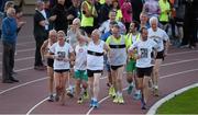 18 August 2015; Athletes including Des McGann, Catherina McKiernan, John Treacy, Bobby King, Neil Cusack, Sean Webb, Jim McNamara, Feidhlim Kelly, Sean Webb,  David Carrie, and Maurice Ahern run with Frank Greally, who set a record for the 10,000M 45 years ago on this day, pictured as he runs around Morton Stadium for 30.17 - the record time set on the night. Frank Greally's Gratitude Run. Morton Stadium, Dublin Picture credit: Ray McManus / SPORTSFILE