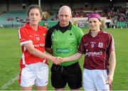 15 August 2015; Cork Captain Ciara O'Sullivan, left, Referee Gavin Corrigan, centre, and Galway Captain Geraldine Conneally. TG4 Ladies Football All-Ireland Senior Championship, Quarter-Final, Cork v Galway, Gaelic Grounds, Limerick. Picture credit: Seb Daly / SPORTSFILE