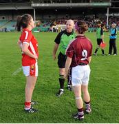 15 August 2015; Cork Captain Ciara O'Sullivan, left, Referee Gavin Corrigan, centre, and Galway Captain Geraldine Conneally during the coin toss before the start of the match. TG4 Ladies Football All-Ireland Senior Championship, Quarter-Final, Cork v Galway, Gaelic Grounds, Limerick. Picture credit: Seb Daly / SPORTSFILE