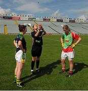15 August 2015; Kerry and Mayo Captains Cait Lynch, left, and Cora Staunton, right, watch Referee Maggie Farrelly toss the coin before the start of the match. TG4 Ladies Football All-Ireland Senior Championship, Quarter-Final, Kerry v Mayo, Gaelic Grounds, Limerick. Picture credit: Seb Daly / SPORTSFILE