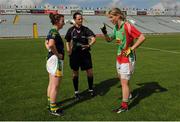 15 August 2015; Kerry and Mayo Captains Cait Lynch, left, and Cora Staunton, right, and Referee Maggie Farrelly during the coin toss before the start of the match. TG4 Ladies Football All-Ireland Senior Championship, Quarter-Final, Kerry v Mayo, Gaelic Grounds, Limerick. Picture credit: Seb Daly / SPORTSFILE