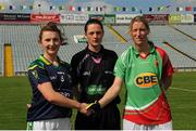 15 August 2015; Kerry Captain Cait Lynch, left, Mayo Captain Cora Staunton, right, and Referee Maggie Farrelly during the coin toss before the start of the match. TG4 Ladies Football All-Ireland Senior Championship, Quarter-Final, Kerry v Mayo, Gaelic Grounds, Limerick. Picture credit: Seb Daly / SPORTSFILE