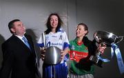 3 February 2009; Under safely controlled laboratory conditions, at the launch of the Bord Gáis Energy Ladies National Football League 2009 are Monaghan captain Sharon Courtney, centre, John Mullins, CEO, Bord Gais and Fiona McHale, of Mayo, checking out the effects of a Van de Graaf generator. Croke Park, Dublin. Picture credit: Brendan Moran / SPORTSFILE