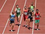 22 August 2015; Athletes, from left, Amel Tuka of Bosnia-Herzegovina, Mark English of Ireland, Erik Sowinski of USA, Rafith Rodríguez of Colombia, Zan Rudolf of Slovenia and Nader Belhanbel of Morroco approach the finish line during the heats of the Men's 800m event. IAAF World Athletics Championships Beijing 2015 - Day 1, National Stadium, Beijing, China. Picture credit: Stephen McCarthy / SPORTSFILE