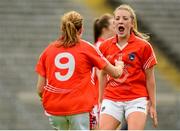 22 August 2015; Armagh's Kelly Mallon celebrates with team-mate Caroline O'Hanlon, 9, after the game. TG4 Ladies Football All-Ireland Senior Championship, Quarter-Final, Donegal v Armagh. St Tiernach's Park, Clones, Co. Monaghan. Picture credit: Piaras Ó Mídheach / SPORTSFILE