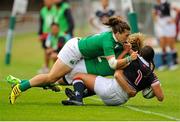 22 August 2015; Ireland's Katie Fitzhenry and Jennifer Murphy tackle Hong Kong's Amelie Odile Marsie Seure. Women's Sevens Rugby Tournament, Pool C, Ireland v Hong Kong. UCD, Belfield, Dublin. Picture credit: Seb Daly / SPORTSFILE
