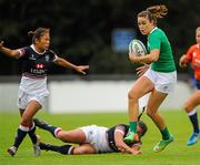 22 August 2015; Louise Galvin, Ireland, skips past the tackle of Amelie Odile Marsie Seure, Hong Kong. Women's Sevens Rugby Tournament, Pool C, Ireland v Hong Kong. UCD, Belfield, Dublin. Picture credit: Seb Daly / SPORTSFILE