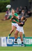 22 August 2015; Louise Galvin, Ireland, and Ka Man Nam, Hong Kong, jump for the ball. Women's Sevens Rugby Tournament, Pool C, Ireland v Hong Kong. UCD, Belfield, Dublin. Picture credit: Seb Daly / SPORTSFILE