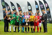 22 August 2015; The launch of the 2015-16 Continental Tyres Women’s National League season took place today at FAI Headquarters on the National Sports Campus with players, managers, coaches, backroom staff and officials from the eight clubs along with representatives of the media, Continental Tyres, WFAI and FAI. The new season, which kicks-off on September 5 and runs until May 1, will see the clubs battling for four Continental Tyres sponsored trophies via the League, League Cup, FAI Women’s Senior Cup and a new Shield competition.  There will be two new clubs in the Women’s National League this season following the admission of Kilkenny United and the amalgamation of two-times League champions Raheny United with Shelbourne Ladies. Today’s launch was an interactive, competitive, educational and engaging event with something for everyone. Players took to the new 3G pitch at FAI HQ to take part in the Conti Warm-up, Continental Challenges and an Exhibition Match while coaches and managers were involved in specially designed performance workshops and a panel discussion about women’s football in Ireland. Pictured at the launch are, from left, Yvonne Hedigan, Castlebar Celtic, Claire Kinsella, Peamount United, Aine O'Gorman, UCD Waves, Katie McCarthy, Cork City Womens, Kylie Murphy, Wexford Youths, Jenny O'Keeffe, Kilkenny United, Pearl Slattery, Shelbourne and Meabh de Burca, Galway, in the company of Guy Frobisher, Head of Marketing, UK & Ireland, Continental Tyres, extreme left, and Fran Gavin, Director of the National League, extreme right. FAI Headquarters, Abbottstown. Picture credit: Ramsey Cardy / SPORTSFILE
