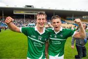 22 August 2015; Limerick players Tom Morrisrey, left, and Michael Casey celebrate after the game. Bord Gáis Energy GAA Hurling All Ireland U21 Championship, Semi-Final, Limerick v Antrim. Semple Stadium, Thurles, Co. Tipperary. Picture credit: Ray McManus / SPORTSFILE