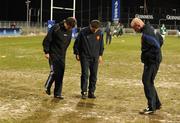 6 February 2009; Referee Jerome Garces, left, with his touch judges Stephan Pomarede and Jerome Lamirand on the frozen pitch in Donnybrook before the game was called off. A International, Ireland A v England Saxons. Donnybrook Stadium, Dublin. Picture credit: Matt Browne / SPORTSFILE