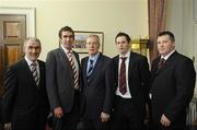 6 February 2009; Gregory Campbell, Minister of Culture, Arts and Leisure, Northern Ireland assembly, centre, is pictured with from left, Mickey Harte, Tyrone Senior manager, Joe McMahon, Tyrone Senior player, Ronan McNabb, Tyrone Minor Player and Raymond Munroe, Tyrone Minior manager, during a visit to Stormont, to mark the occassion of their All Ireland Football success in 2008. Stormont Buildings, Belfast, Co. Antrim. Picture credit: Oliver McVeigh / SPORTSFILE