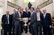 6 January 2009; During a visit to Stormont to mark the occassion of Tyrone's All Ireland Football success in 2008 are, from left to right, Danny Murphy, Ulster Council GAA Secretary, Tyrone players, Niall Gormley, Justin McMahon,  Martin McGuinness, Deputy First Minister, Northern Ireland assembly, Tom Daly, Ulster Council GAA President, Tyrone player Joe McMahon, Padraic Duffy Ard Stiurthoir of GAA, Tyrone player Michael McGee and Paul Sweeney, Permanent Secretary, Department of Culture, Arts and Leisure, Northern Ireland assembly, along with the Sam Maguire Cup. Stormont Buildings, Belfast, Co. Antrim. Picture credit: Oliver McVeigh / SPORTSFILE