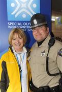 8 February 2009; Mary Davis, Managing Director of Special Olympics Europe / Eurasia, a Volunteer with TEAM 2009, sponsored by eircom, from Swinford, Co. Mayo, with Deputy John Dewey from the ADA County Sherriff's office at the Games. 2009 Special Olympics World Winter Games, Boise, Idaho, USA. Picture credit: Ray McManus / SPORTSFILE