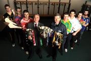 9 February 2009; GAA President Nickey Brennan and Billy Finn, General Manager, AIB Bank, right, pictured during a photocall ahead of the AIB GAA Football and Hurling Junior and Intermediate Club Championship Finals with, from left, Pat Hartley, Tullogher Robereen, Kilkenny, Diarmuid O'Riordan, Dripsey, Cork, John Hughes, Blarney, Cork, Stephen O'Sullivan, Skellig Rangers, Kerry, Greg Rogan, St. Michaels, Kieran Granfield, St. Michaels Foilmore, Kerry, John McDermott, John Mitchells, Liverpool. Croke Park, Dublin. Picture credit: Pat Murphy / SPORTSFILE