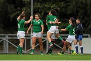 23 August 2015; Ireland players celebrate after the final whistle. Women's Sevens Rugby Tournament, Finals, Ireland v South Africa. UCD, Belfield, Dublin. Picture Credit; Eóin Noonan
