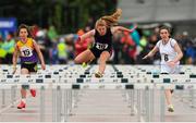 23 August 2015; Jayne Drury, Tullycorbet, Co. Monaghan, centre, competing in the Girls U14 & O12 80 metres hurdles. HSE National Community Games Festival, Weekend 2. Athlone IT, Athlone, Co. Westmeath. Picture credit: Seb Daly / SPORTSFILE