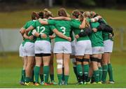 23 August 2015; Ireland players in a huddle before the game. Women's Sevens Rugby Tournament, Finals, Ireland v South Africa. UCD, Belfield, Dublin. Picture Credit; Eóin Noonan