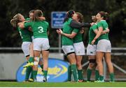23 August 2015; Ireland players celebrate after the game. Women's Sevens Rugby Tournament, Finals, Ireland v South Africa. UCD, Belfield, Dublin. Picture Credit; Eóin Noonan
