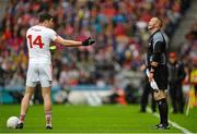 23 August 2015; Tyrone's Sean Cavanagh appeals to linesman Anthony Nolan before Kerry's Marc  O Sé was shown a black card for a foul on Connor McAliskey, Tyrone. GAA Football All-Ireland Senior Championship, Semi-Final, Kerry v Tyrone. Croke Park, Dublin. Picture credit: Brendan Moran / SPORTSFILE