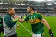 23 August 2015; Brian Sheehan, Kerry, right, celebrates with Cian O'Neill, Kerry trainer, after the game. GAA Football All-Ireland Senior Championship, Semi-Final, Kerry v Tyrone. Croke Park, Dublin. Picture credit: Oliver McVeigh / SPORTSFILE