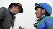 23 August 2015; Jockey Chris Hayes talks with Trainer Andrew Oliver after riding Plot Twist to victory in the Longines Irish Champions Weekend Maiden. Horse Racing from the Curragh. Curragh, Co. Kildare. Picture credit: Cody Glenn / SPORTSFILE