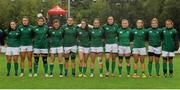 23 August 2015; The Ireland team stand for the national anthem before the game. Women's Sevens Rugby Tournament, Cup Final, Ireland v Japan. UCD, Belfield, Dublin.