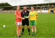 22 August 2015; Referee Seámus Mulvihill with team captains Caroline O'Hanlon, left, Armagh, and Katy Herron, Donegal. TG4 Ladies Football All-Ireland Senior Championship, Quarter-Final, Donegal v Armagh. St Tiernach's Park, Clones, Co. Monaghan. Picture credit: Piaras Ó Mídheach / SPORTSFILE