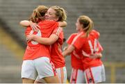 22 August 2015; Armagh's Kelly Mallon celebrates with team-mate Caroline O'Hanlon, left, after the game. TG4 Ladies Football All-Ireland Senior Championship, Quarter-Final, Donegal v Armagh. St Tiernach's Park, Clones, Co. Monaghan. Picture credit: Piaras Ó Mídheach / SPORTSFILE
