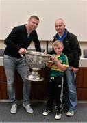 22 August 2015; Kerry legend Tomás Ó Sé with Bob and Zack Donnelly, from Kildare, at the Bord Gáis Energy Legends Tour at Croke Park, where he relived some of most memorable moments from his playing career. All Bord Gáis Energy Legends Tours include a trip to the GAA Museum, which is home to many exclusive exhibits, including the official GAA Hall of Fame. For booking and ticket information about the GAA legends for this summer visit www.crokepark.ie/gaa-museum. Croke Park, Dublin. Picture credit: Brendan Moran / SPORTSFILE