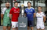 24 August 2015: Pictured are, from left to right, John Muldoon, Connacht, Dennis Hurley, Munster, Kevin McLaughlin, Leinster, and Paul Marshall, Ulster, in attendance at the Guinness PRO12 2015/16 Season Launch. Diageo HQ, Lakeside Drive, Park Royal, London, England. Picture credit: Paul Harding / SPORTSFILE