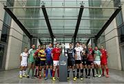 24 August 2015: Pictured are, from left to right, Paul Marshall, Ulster, John Muldoon, Connacht, Thomas Rhys Thomas, Dragons, Josh Navidi, Cardiff Blues, Kevin McLaughlin, Leinster, Dennis Hurley, Munster, Peter Murchie, Glasgow Warriors, George Biagi, Zebre, Lloyd Ashley, Ospreys, Mike Coman, Edinburgh, Alberto Demarch,Treviso, and Hadleigh Parkes, Scarletts, in attendance at the Guinness PRO12 2015/16 Season Launch. Diageo HQ, Lakeside Drive, Park Royal, London, England. Picture credit: Paul Harding / SPORTSFILE