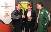 9 February 2009; Sporting Fingal manager Liam Buckley, left, with Liz Callery, Regional Director Special Olympics Eastern Region and Liam McGroarty, FAI Grassroots Manager at the launch of Sporting Fingal FC's Special Olympics team. Clarion Hotel, Dublin Airport, Dublin. Photo by Sportsfile