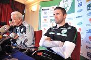 10 February 2009; Republic of Ireland captain Robbie Keane with manager Giovanni Trapattoni during a press conference ahead of their World Cup qualifier against Georgia on Wednesday. Grand Hotel, Malahide, Co. Dublin. Picture credit: David Maher / SPORTSFILE