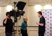 11 February 2009; Ireland's Tommy Bowe is interviewed for television by TV3's Sinead Kisssane during a press conference ahead of their RBS Six Nations Championship game against Italy on Sunday. Fitzpatrick's Castle Hotel, Killiney, Co. Dublin. Picture credit: Brendan Moran / SPORTSFILE