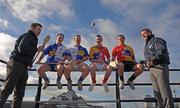 10 February 2009; GPA Chief Dessie Farrell, left, and Karl Manning, Director of Retail Sales at Halifax, right, show their hurling skills to hurlers, from left, Monaghan's Michael McHugh, Tipperary's Diarmuid Fitzgerald, Louth's Brian McCabe and Clare's Tony Griffin at todays announcement of plans for the 2009 Halifax GPA Hurling Twinning Programme.  The scheme will be expanded over the next twelve months with increased squad visits following the success of last year’s inaugural programme. Clarion Hotel, IFSC, Dublin. Photo by Sportsfile