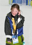 11 February 2009; Clara Keoghan, TEAM Ireland, sponsored by eircom, from Ballsbridge, Dublin, celebrates, as she calls her mother in Dublin, winning a Bronze medal in a Novice Grade Giant Slalom Event at the Boise-Bogus Basin Mountain Recreation Area. 2009 Special Olympics World Winter Games, Boise, Idaho, USA. Picture credit: Ray McManus / SPORTSFILE