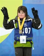 11 February 2009; Rebecca McGonagle, TEAM Ireland, sponsored by eircom, from Clontarf, Dublin, celebrates winning a Bronze medal in a Novice Grade Giant Slalom Event at the Boise-Bogus Basin Mountain Recreation Area. 2009 Special Olympics World Winter Games, Boise, Idaho, USA. Picture credit: Ray McManus / SPORTSFILE