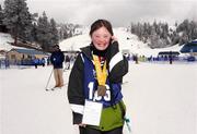 11 February 2009; Clara Keoghan, TEAM Ireland, sponsored by eircom, from Ballsbridge, Dublin, celebrates, as she calls her mother in Dublin, winning a Bronze medal in a Novice Grade Giant Slalom Event at the Boise-Bogus Basin Mountain Recreation Area. 2009 Special Olympics World Winter Games, Boise, Idaho, USA. Picture credit: Ray McManus / SPORTSFILE