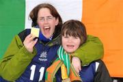 11 February 2009; Lorraine Whelan, TEAM Ireland, sponsored by eircom, from Delgany, Co. Wicklow, and Rebecca McConagle,right, from Clontarf, Dublin, celebrate winning a Gold and a Bronze medal in Giant Slalom Events at the Boise-Bogus Basin Mountain Recreation Area. 2009 Special Olympics World Winter Games, Boise, Idaho, USA. Picture credit: Ray McManus / SPORTSFILE