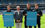 24 August 2015; Pictured is Uachtarán Chumann Lúthchleas Gael Aogán Ó Fearghail with Waterford hurler Jake Dillon, left, and Laois footballers Donie Kingston and Evan O'Carroll, right, at the GAA Super Games Centre Research Results Launch which tackled drop out of youth players within the GAA. Croke Park, Dublin. Picture credit: Piaras Ó Mídheach / SPORTSFILE